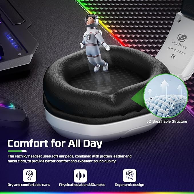 Fachixy FC200 Gaming Headset with Microphone for PS4, PS5, Switch, Xbox, Mac, PC Gaming Headphones with Mic, Gamer Headset with RGB Light - White-Black