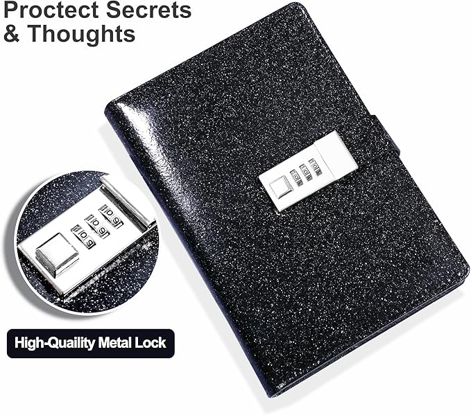 CAGIE Journal with Lock for Women Refillable Lock Journal for Men with 224 Pages Glitter Black Diary with Lock for Girls, Adults, 5.3 x 7.9 Inches