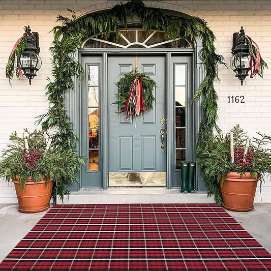 Buffalo Plaid Outdoor Rug, 4' x 6' Christmas Red & Black Check Indoor/Outdoor Area Rug, Layering Rug for Hello/Welcome Door Mat, Machine Washable Cotton Woven Farmhouse Mat for Front Porch Decor