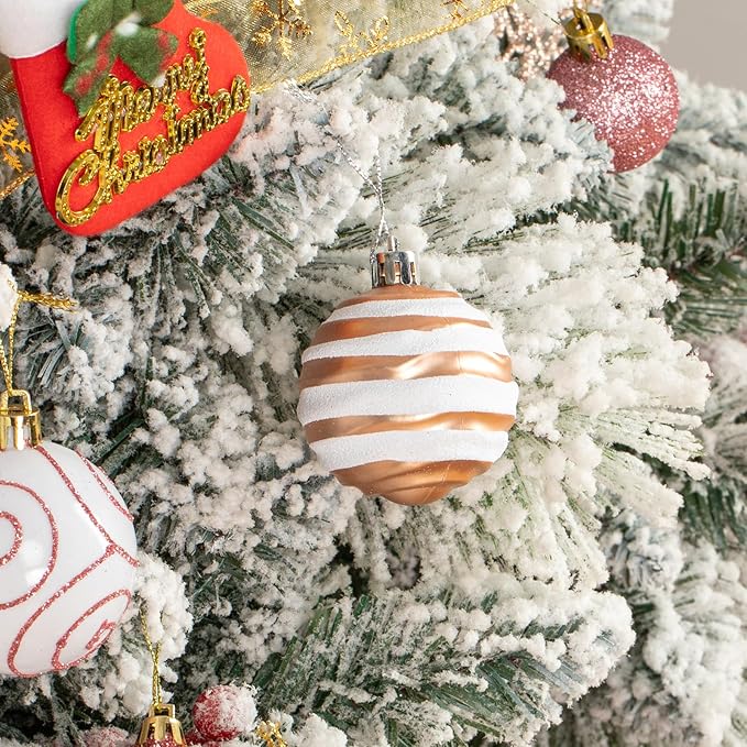 110 Pcs Rose Gold & White Christmas Ornaments Set, Assorted Christmas Balls Decor for Xmas Tree, Shatterproof Plastic Baubles Hanging Decorations for Holiday/Party/Wedding
