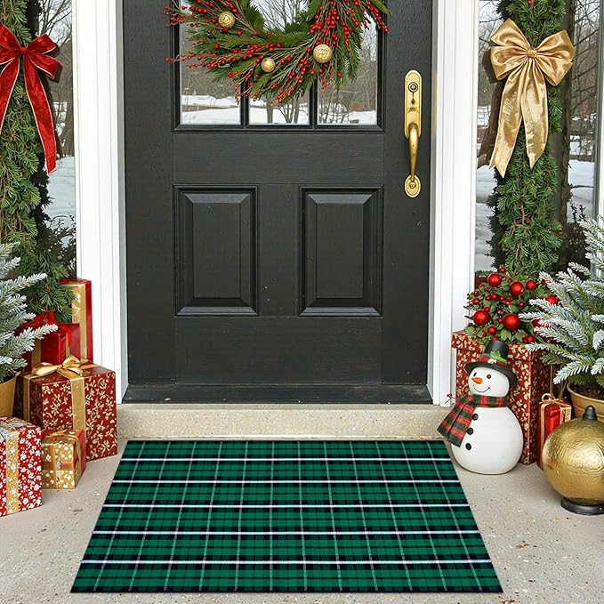 KIMODE Christmas Buffalo Plaid Front Door Mat, 24"x36" Cotton Woven Black and Green Checkered Outdoor Rug, Farmhouse Washable Doormat Outside Entrance for Porch Entryway Kitchen