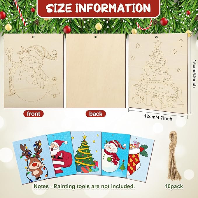 COCHIE 10 Pieces Large Christmas Unfinished Wood Crafts to Paint for Adults and Kids, Bulk Winter Predrilled Wooden Ornaments for Painting, Xmas Tree Truck Paintable Wood Slices Craft Supplies