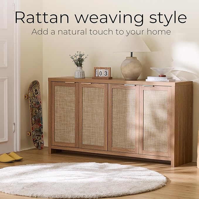 Walsham 61'' Buffet Cabinet with Storage, Adjustable Shelf Sideboard Rattan Entryway Console Cabinet with Doors Modern Credenza Coffee Bar Station for Kichen Living Room Holds 410lb Weathered Oak