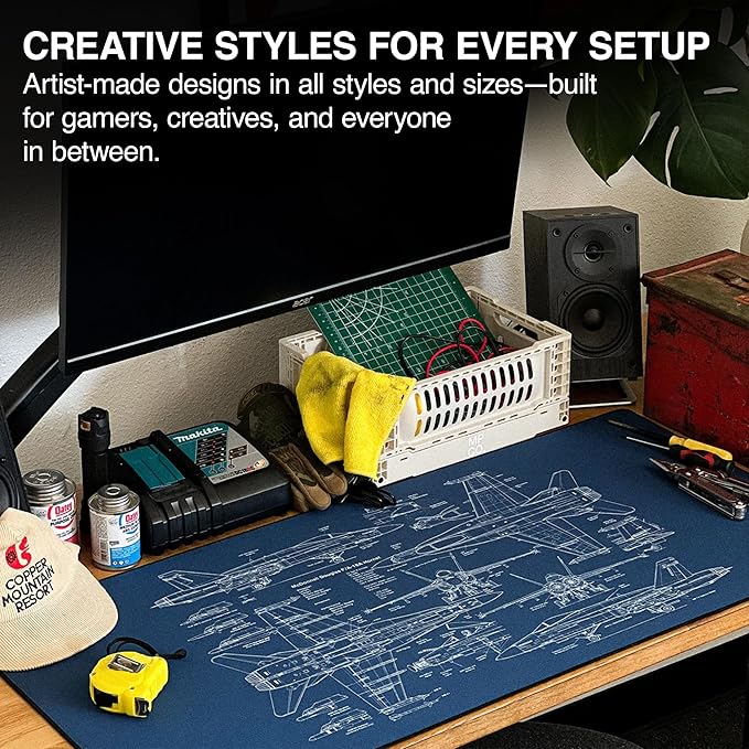 MPCO. Blueprints Large Gaming Desk Pad - 36" x 17" Aeroglyde Fabric 18A Hornets – Blue Desk Mats - Non-Slip, Washable, Smooth Glide for Precision Gaming & Work