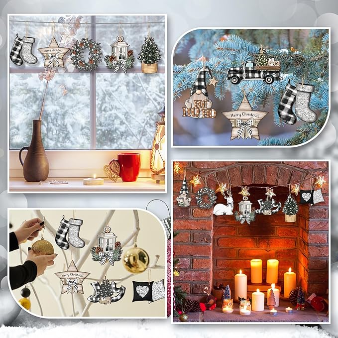 Huwena 36 Pcs Christmas Wooden Ornaments Buffalo Plaid Christmas Decorations for Tree Snowman Gnomes Poinsettia Flowers Truck Wreath Wood Cutouts Tags with Ropes Winter Decor for Xmas Tree Gifts