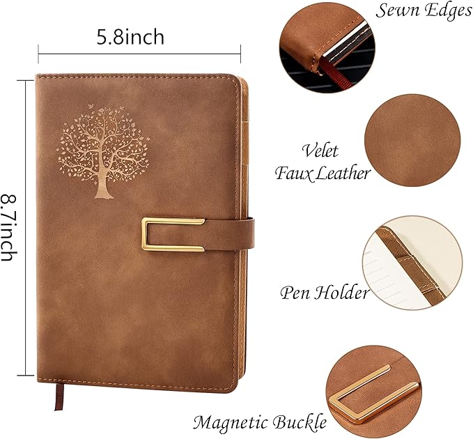 Fanery Sue Tree of Life Refillable Writing Journal for Women&Men Faux Leather Hardcover Notebook A5 College Ruled 200 Lined Pages Lay-Flat Personal Diary with Pen&Magnetic Buckle (Tree of Life-Brown)