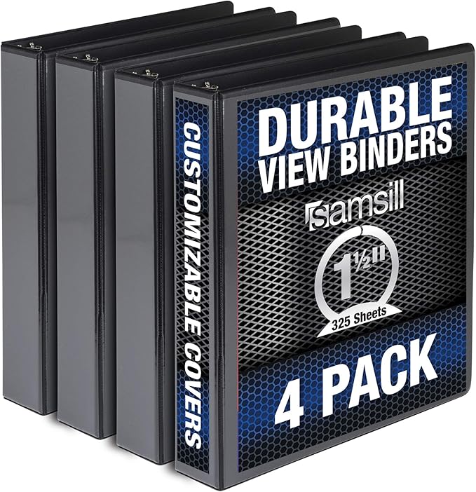Samsill Durable 1.5 Inch Binder, Made in the USA, Round Ring Customizable Clear View Binder, Black, 4 Pack (MP48450)