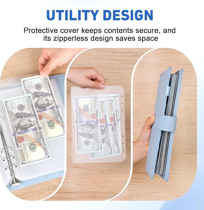 Antner 12PCS A5 Binder Pockets No Zipper 6-Hole Budget Cash Envelopes for Small Refillable Notebook, Zipless A5 Planner Inserts Binder Pouches Loose Leaf Money Organizer Bags for Saving Challenge