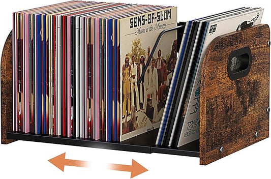 Vinyl Record Storage Holder, Expandable Record Holder Rack With Movable Divider, 110 LP Album Display Shelf Stand, Magazine Holder (Rustic Brown)