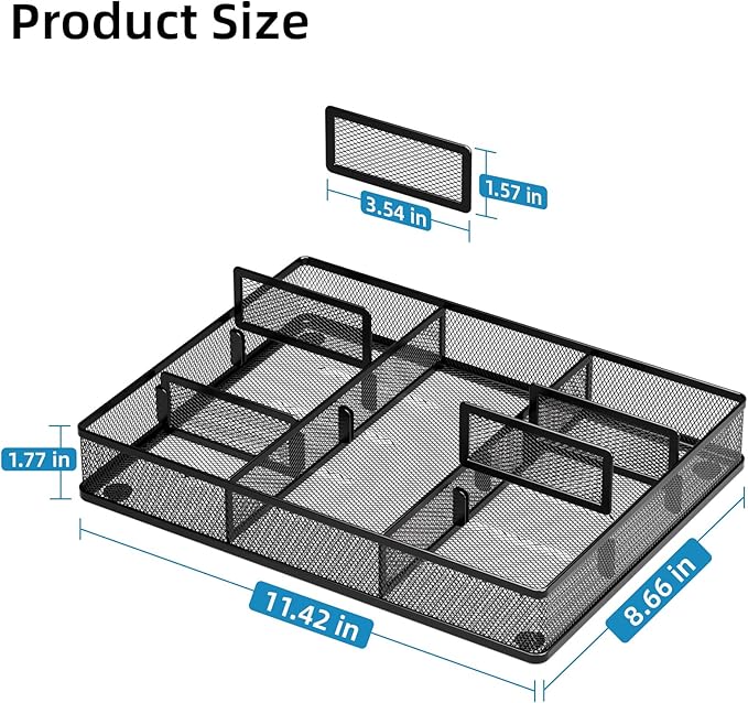 Marbrasse 2Pack Desk Drawer Organizer, Metal Mesh Drawer Organizer Tray with 5 Adjustable Compartments,Desk Organizers and Accessories for Home,Office,Kitchen,Makeup,Vanity (Black)