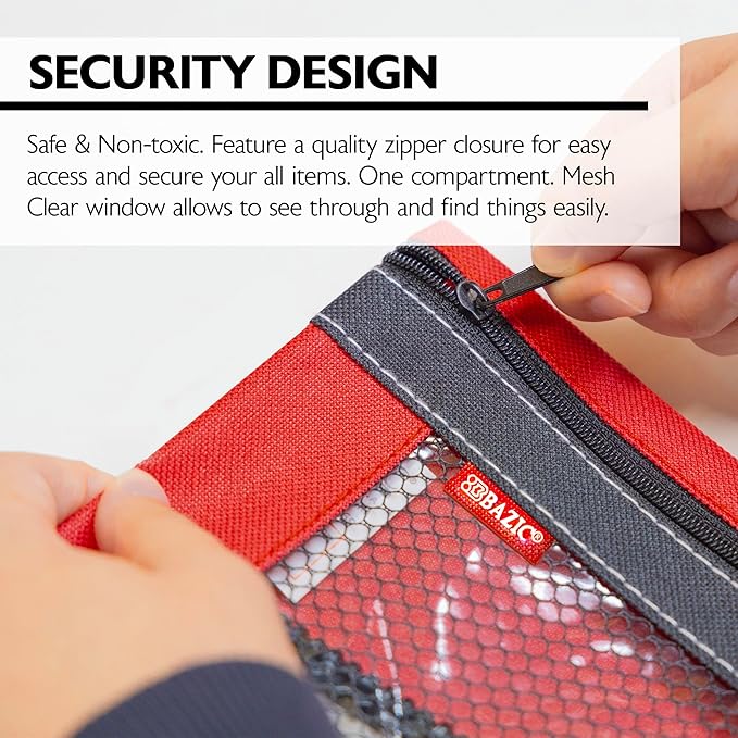 BAZIC Pencil Pouch 3 Ring Binder Pouch w/Rivet Enforced Rings Holes, Assorted Color Mesh Window Zipper Pouches, 24-Pack