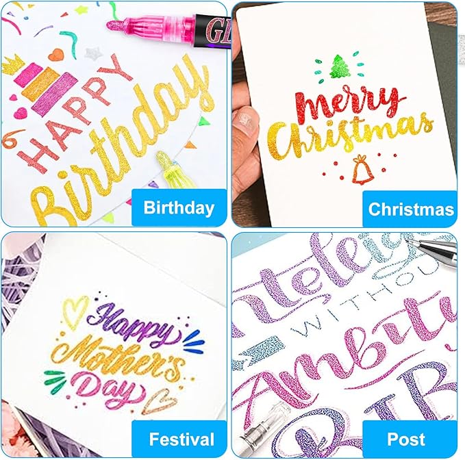 Glitter Marker Pens, 12 Colors Metallic Shimmer Glitter Markers Paint Pens, Glitter Art Marker for Kids Adults DIY Crafts Greeting Birthday Cards Making Poster Album Scrapbooking Wood