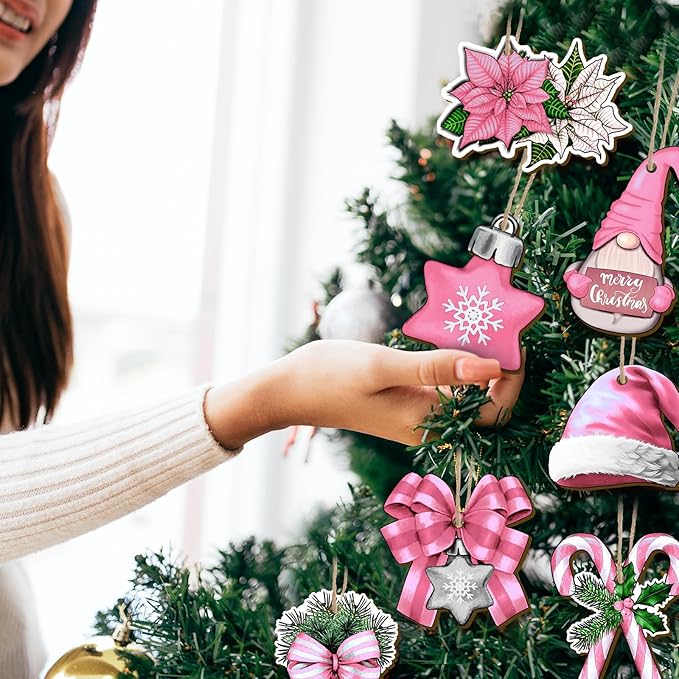 Huwena 36 Pcs Pink Christmas Wooden Ornaments Pink Christmas Decorations for Tree Snowman Gnomes Poinsettia Flowers Truck Wreath Wood Cutouts Tags with Ropes Winter Decor for Xmas Tree Gifts