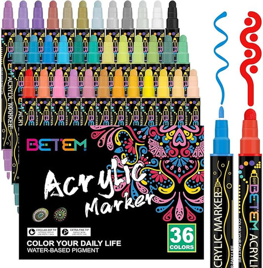 Betem 36 Colors Dual Tip Acrylic Paint Pens Markers, Premium Acrylic Paint Pens for Wood, Canvas, Stone, Rock Painting, Glass, Ceramic Surfaces, DIY Crafts Making Art Supplies
