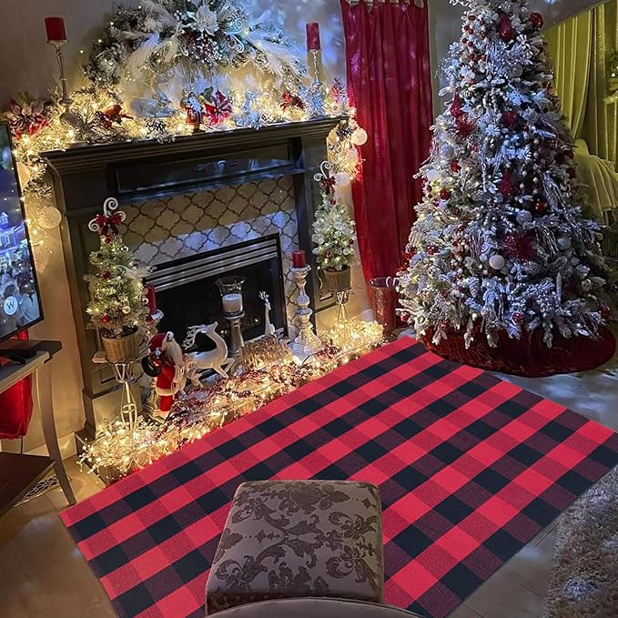 Red and Black Plaid Rug, 4' x 6' Check Outdoor Front Door Decorative Mat, Cotton Woven Rug for Layered Door Mats Washable Carpet for Porch, Entryway, Farmhouse, Christmas, Halloween