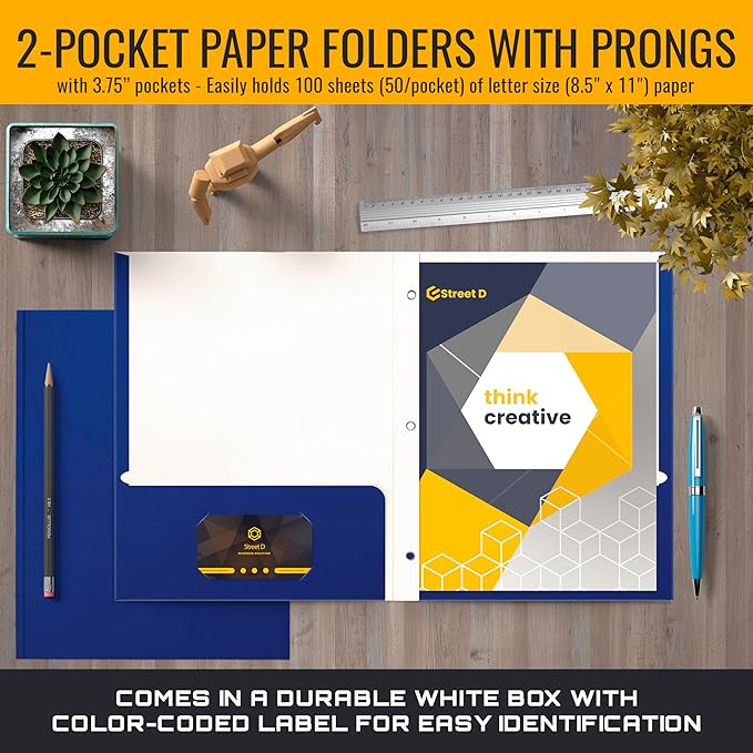 Better Office Products Blue Paper 2 Pocket Folders with Prongs, 50 Pack, Matte Texture, Letter Size Paper Folders, 50 Pack, with 3 Metal Prong Fastener Clips, Blue