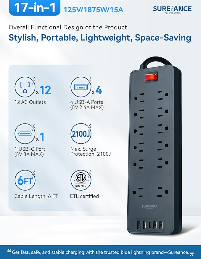 Surge Protector Power Strip - SUREANCE 12 Outlets Surge Protector Outlet Extender with 5 USB Ports, 6FT Flat Plug Extension Cord, 2100J, Mountable, Flat Plug, Heavy Duty, Widely-Spaced, ETL Listed