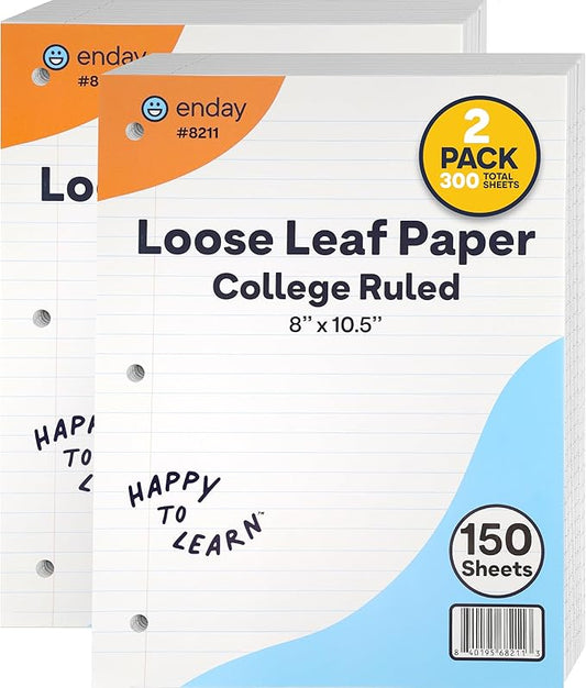 Loose Leaf Paper College Ruled Notebook Paper, 8" x 10.5" Filler Paper White, 3 Hole Punched Binder Paper for 3 Ring Binders, Lined Paper 150 Sheets Per Pack (2 Pack) - By Enday