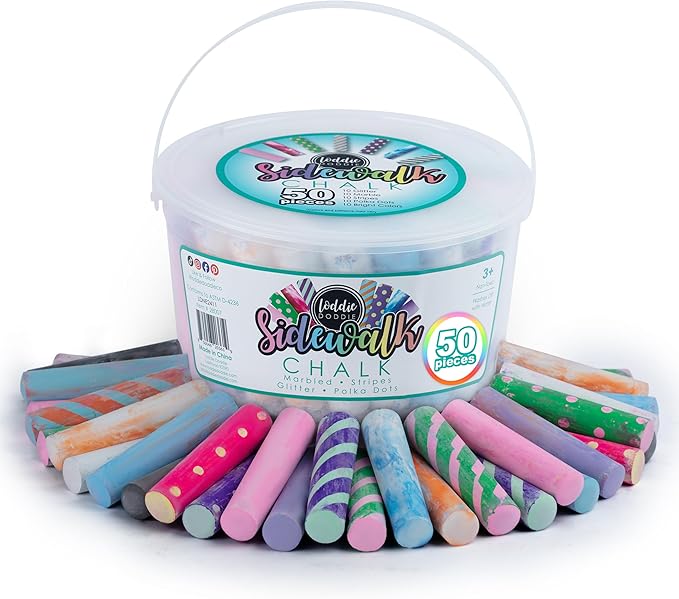 Loddie Doddie-Bucket of Sidewalk Chalk-Long lasting Non-Toxic Jumbo Sticks- Reusable Bucket for hours of fun and creativity with easy clean up! (Multi)