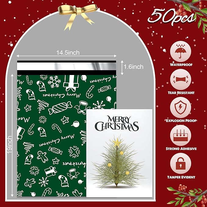 Christmas Poly Mailer - 14.5x19 Inch, 50 Waterproof Tear-Resistant Self-Seal Bags - Green Merry Christmas