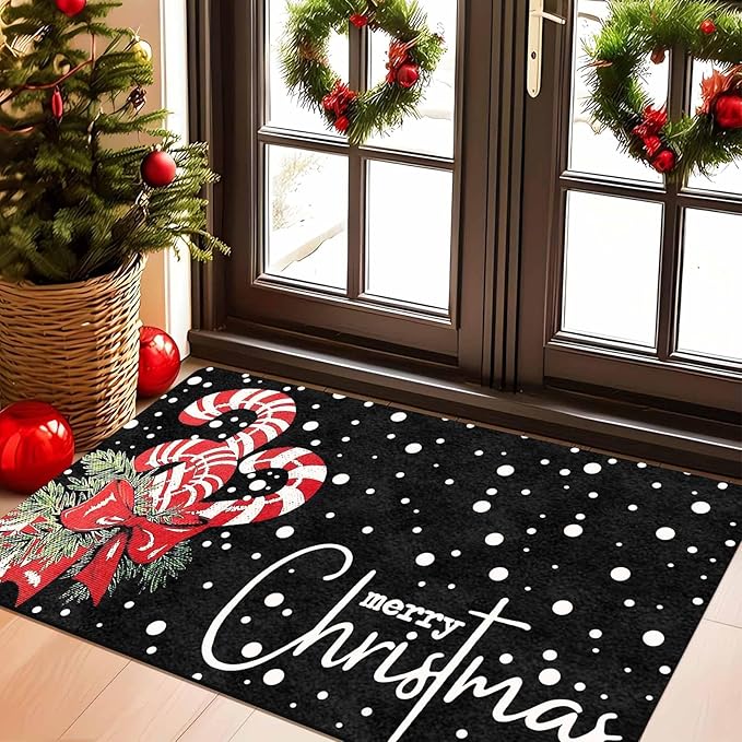 Christmas Door Mat Entrance Decoration Christmas Candy Cane Welcome Mat Black Door Front Porch Rug for Outside Front Porch Entryway Decor, 16" x 24" Inch