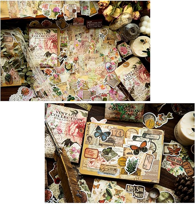 200PCS Vintage Scrapbooking Supplies Pack, Aesthetic Scrapbook Sticker Paper Art Journaling Kit for Bullet Junk Journals,Planner,Cottagecore Decor Gifts (Multiflora)