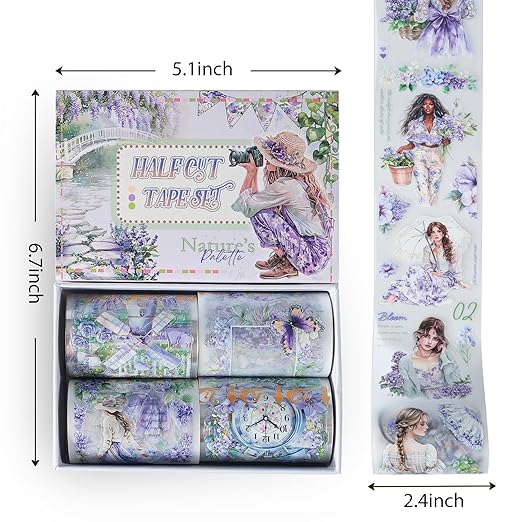 Snycler Pre-Cut Purple Rhyme Themed PET Washi Tapes - Vintage Aesthetic Tape Stickers for Journaling, Scrapbooking, Junk Journals, Crafts, Planners - 4 Rolls