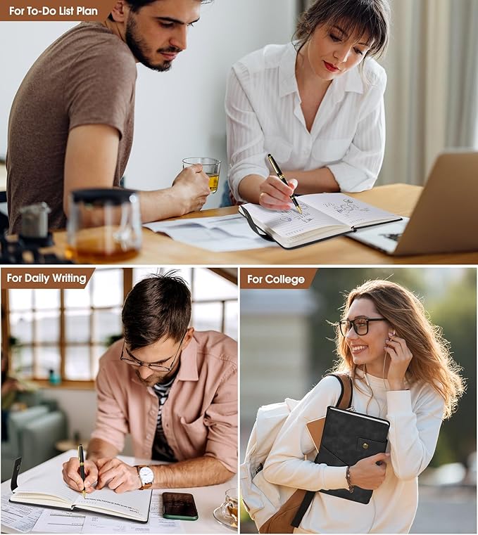 Black A5 Lined Leather Journal Notebook for Men Women,5.9" X 8.4" Personalized Hardcover Journal with Pen,200 Pages 100 Gsm Thick Ruled Paper Daily Diary for School,Travel,Work,Writing