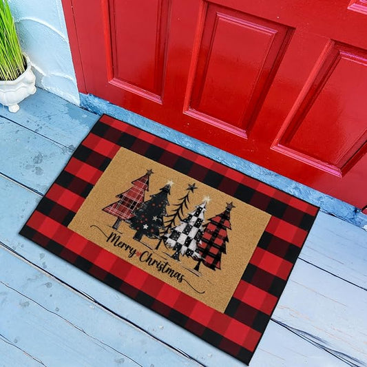 2 Pcs Christmas Front Porch Rug Buffalo Plaid Christmas Front Door Mats Imitation Coco Coir Xmas Welcome Layering Rugs for Outdoor Home Winter Festival Holiday Farmhouse Decor, 28 x 43 Inch