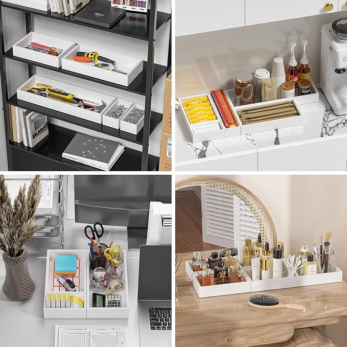 Kitchen Drawer Organizer - 2 Pack, Stackable Bamboo Drawer Organizers, Wooden Storage Box Tray for Cabinet, Pantry, Bathroom Countertop, Multi-use Organization and Storage (White)