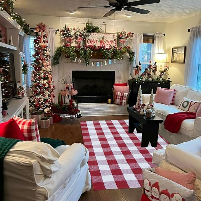 Buffalo Plaid Outdoor Rug, 4' x 6' Red&White Christmas Check Indoor/Outdoor Area Rug, Layering Rug for Hello/Welcome Door Mat, Machine Washable Cotton Woven Rug for Farmhouse Front Porch, Entryway
