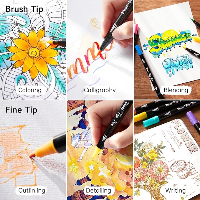 Shuttle Art Dual Tip Brush Pens, 96 Colours Fine and Brush Tip Markers Set with Pen Holder & 1 Colouring Book, Felt Tip Colouring Pens for Adults and Children Colouring Calligraphy Journal Doodling