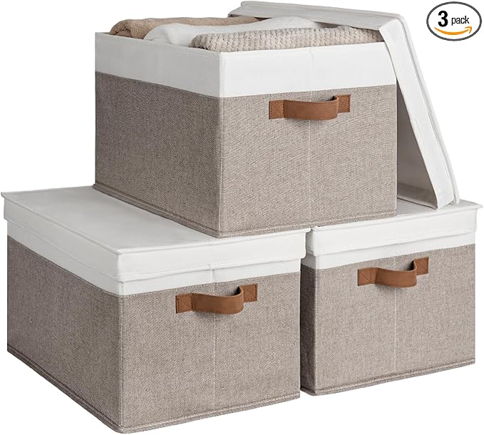 StorageWorks Storage Bins with Lids, Decorative Storage Boxes with Lid and PU Handles, Foldable Storage Baskets for Closet, Shelves, Stackable, Brown and White, Jumbo, 3-Pack