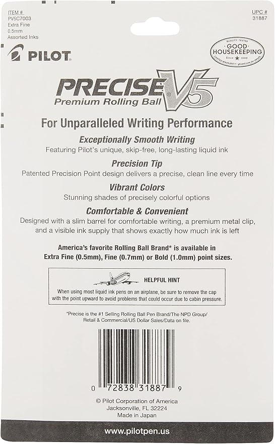 Pilot, Precise V5, Capped Liquid Ink Rolling Ball Pens, Extra Fine Point 0.5 mm, Assorted Colors, Pack of 7
