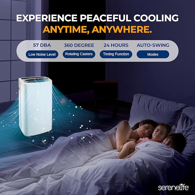SereneLife Small Air Conditioner Portable 14,000 BTU with Built-in Dehumidifier - Portable AC unit for rooms up to 650 sq ft - Remote Control, Window Mount Exhaust Kit