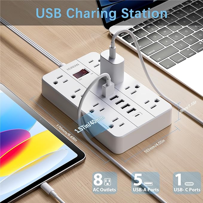 Power Strip with USB, Flat Plug Extension Cord Surge Protector 5 Ft, HUNIAN Power Strip with 8 Widely Spaced Outlets 6 USB Charger (1 USB C Port), Desk Charging Station for Home Office, White