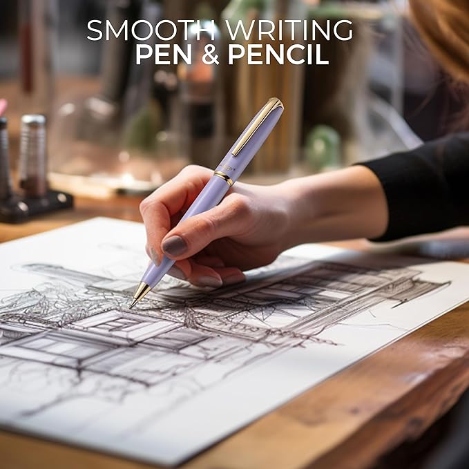 ZenZoi Elegant Pen and Pencil Metal, Retractable Luxury Ballpoint Pen & Mechanical Pencil 0.7 MM. Fancy, Quality Writing Set for Women, Men