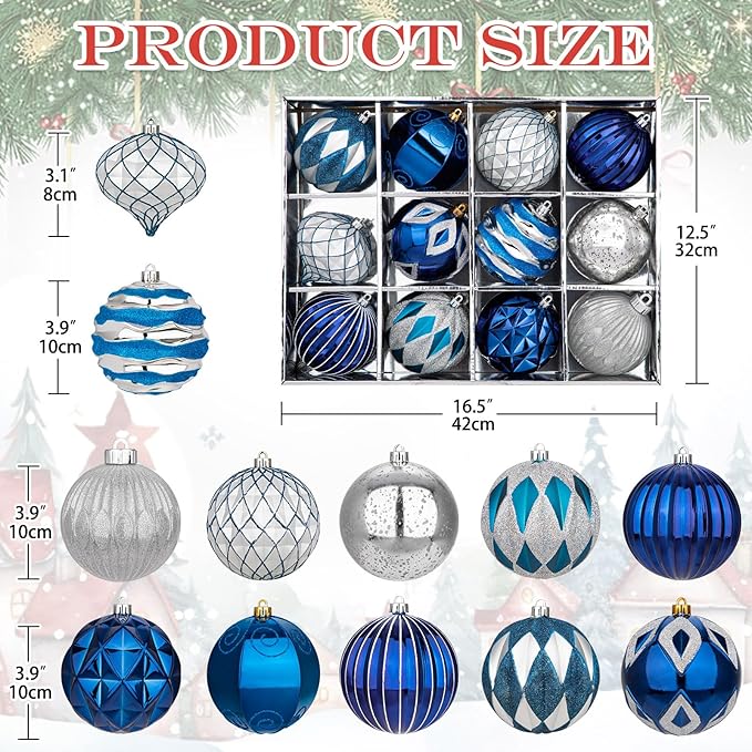 Hollyone 4 Inch Blue & Silver Christmas Ornaments - 12 Pcs Shatterproof Tree Balls for Xmas Tree Decor & Holiday Party Wreath Home Decor