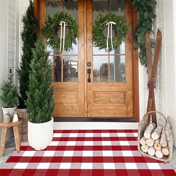 Buffalo Plaid Outdoor Rug, 3'x5' Red&White Christmas Check Indoor/Outdoor Area Rug, Layering Rug for Hello/Welcome Door Mat, Machine Washable Cotton Woven Rug for Farmhouse Front Porch, Entryway