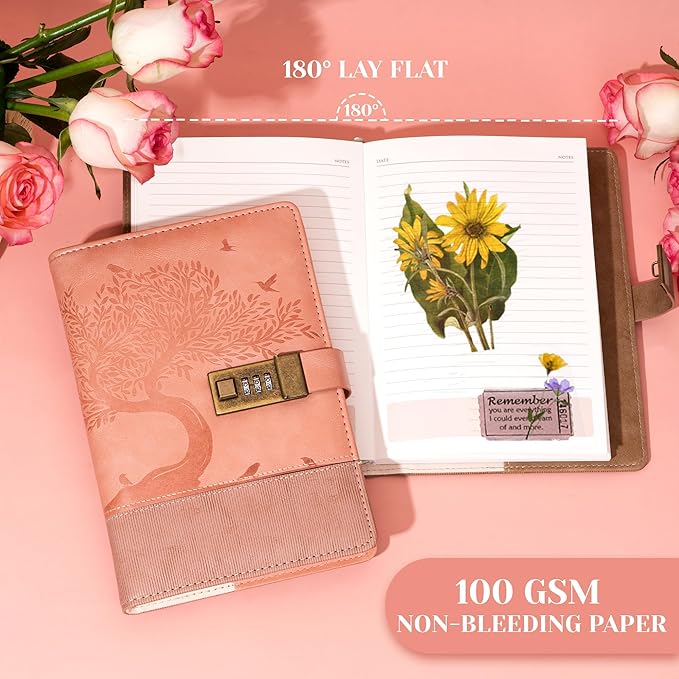 Pink Diary with Lock for Women Girls 256 Pages Leather Password Journal with Lock A5 Vintage Locked Journals for Writing Note Taking, 5.9x 8.3 in
