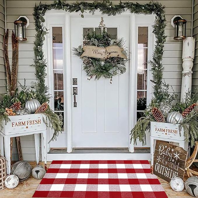 Christmas Plaid Outdoor Rug, 2'4" x 3'7" Red&White Check Indoor/Outdoor Area Rug, Layering Rug for Hello/Welcome Door Mat, Machine Washable Cotton Woven Rug for Farmhouse Front Porch,Entryway