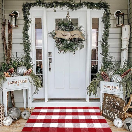 Christmas Plaid Outdoor Rug, 2'4" x 3'7" Red&White Check Indoor/Outdoor Area Rug, Layering Rug for Hello/Welcome Door Mat, Machine Washable Cotton Woven Rug for Farmhouse Front Porch,Entryway