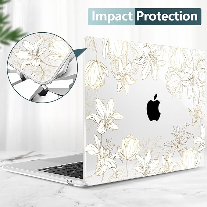 DONGKE Compatible with M4 MacBook Air 15 inch Case 2025 2024 2023 A3241 A3114 A2941 M3 M2 Liquid Retina Display Touch ID, Plastic Hard Case & Keyboard Skin & Screen Protector - Golden Floral