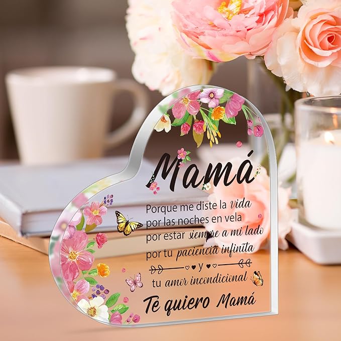 Yopyame Gifts for Mom Birthday - Regalos para Mamá Acrylic Gifts Spanish Mom Acrylic Heart Keepsake Paperweight from Daughter Son Mother's Day Birthday Christmas Valentines Acrylic Sign Plaque for Mom