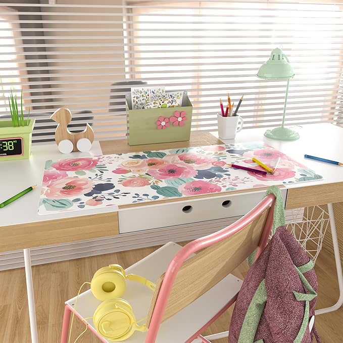 Colorful Star Large Mouse Pad, Pink Floral Desk Mat for Desktop, Women Girls Flowers PU Leather Waterproof Desk Pad, Computer PC Laptop Protector Gaming Mouse Pads for School Office Home 31.5" x 15.7"