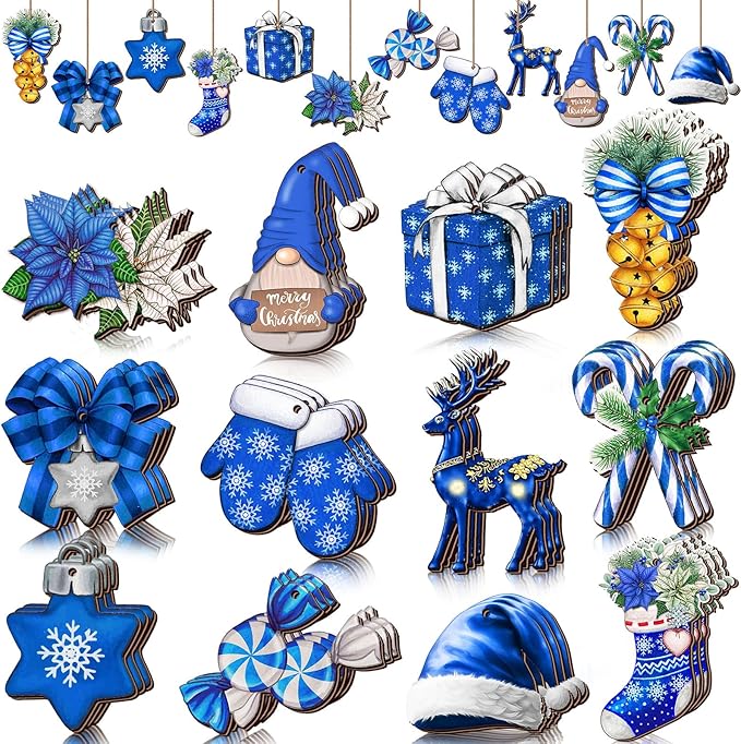 Huwena 36 Pcs Blue Christmas Wooden Ornaments Blue Christmas Decorations for Tree Snowman Gnomes Poinsettia Flowers Truck Wreath Wood Cutouts Tags with Ropes Winter Decor for Xmas Tree Gifts