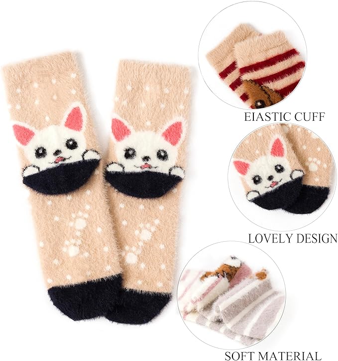 ICEIVY 5 Pair Fuzzy Cozy Socks for Women - Warm Comfy Soft Casual Home Sleep Winter Wool Socks - Gifts for Women