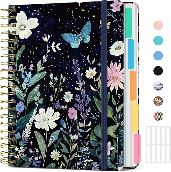 Hardcover Spiral Journal Notebooks for Work With Removable Dividers & Tabs, 8.5"x11" 5 Subject Notebook for Note Taking & Organizer, A4 College Ruled Lined Journal for Women & Writing, Celestial Garden, 280 Pages