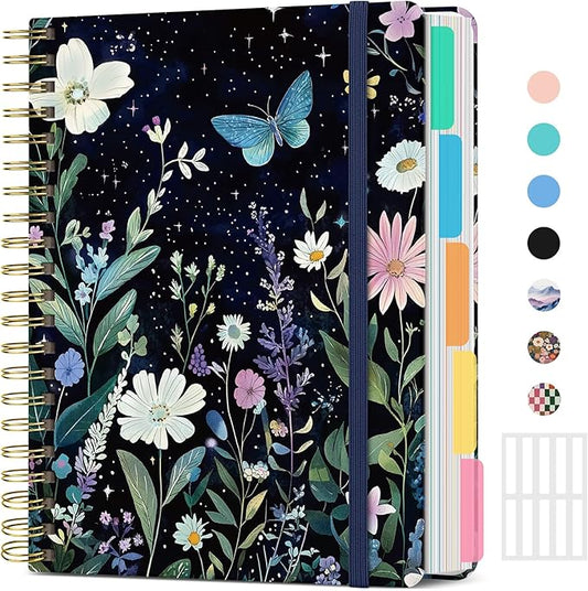 Hardcover Spiral Journal Notebooks for Work With Removable Dividers & Tabs, 8.5"x11" 5 Subject Notebook for Note Taking & Organizer, A4 College Ruled Lined Journal for Women & Writing, Celestial Garden, 280 Pages