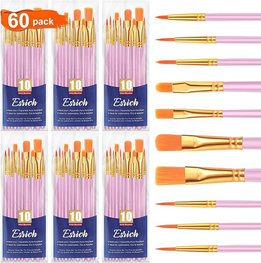 ESRICH Paint Brush Set,6 Packs 60 Pcs Nylon Hair Paint Brushes for Acrylic Painting,Artist Paintbrushes for Acrylic,Oil,Watercolor Painting,Face Nail Art,Paint Brushes for Kids, Pink
